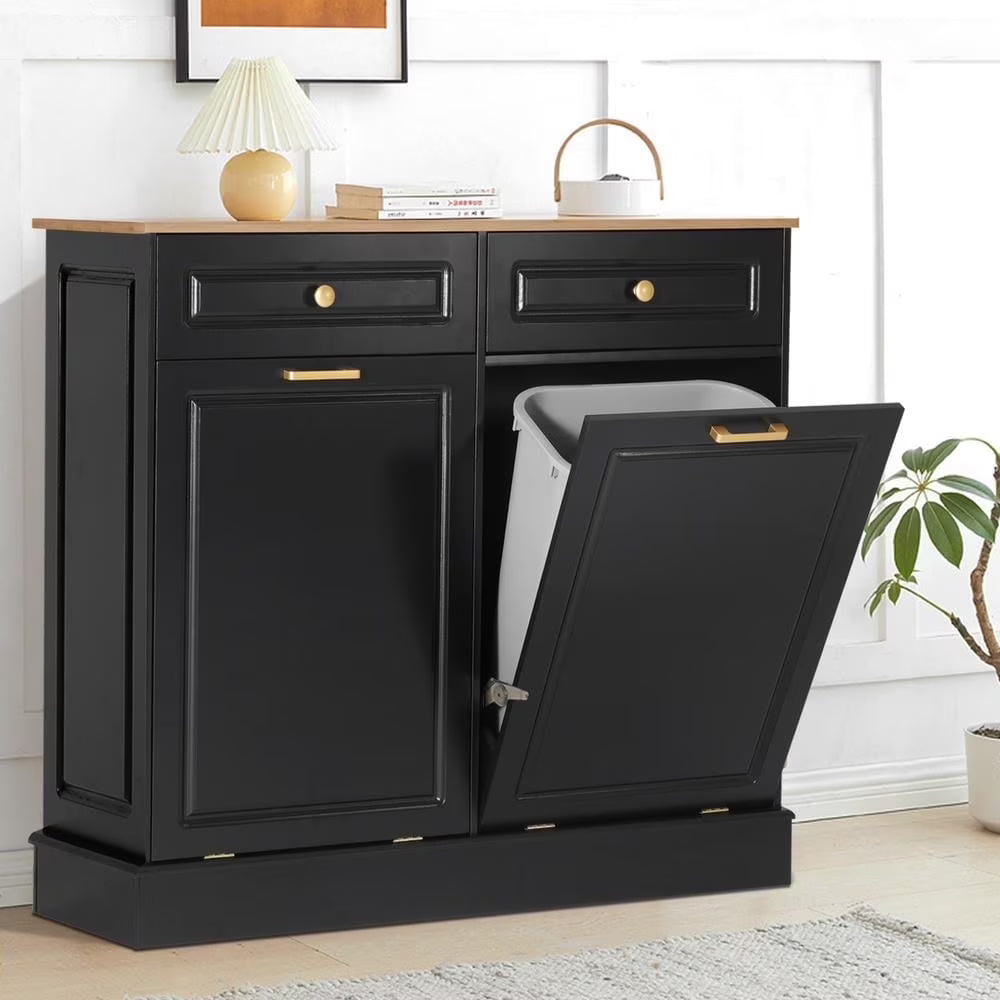 Eclife 20 Gallons Double Tilt Out Trash Cabinet Wood Tabletop, Upgrade Gray, WB010GY