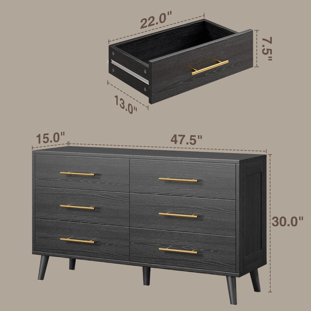 Noelse 3 Piece Bedroom Furniture Set, 6 Drawer Dresser with 2 Nightstands, Modern Wood Storage Organizer with Metal Handles for Bedroom, Living Room,Black
