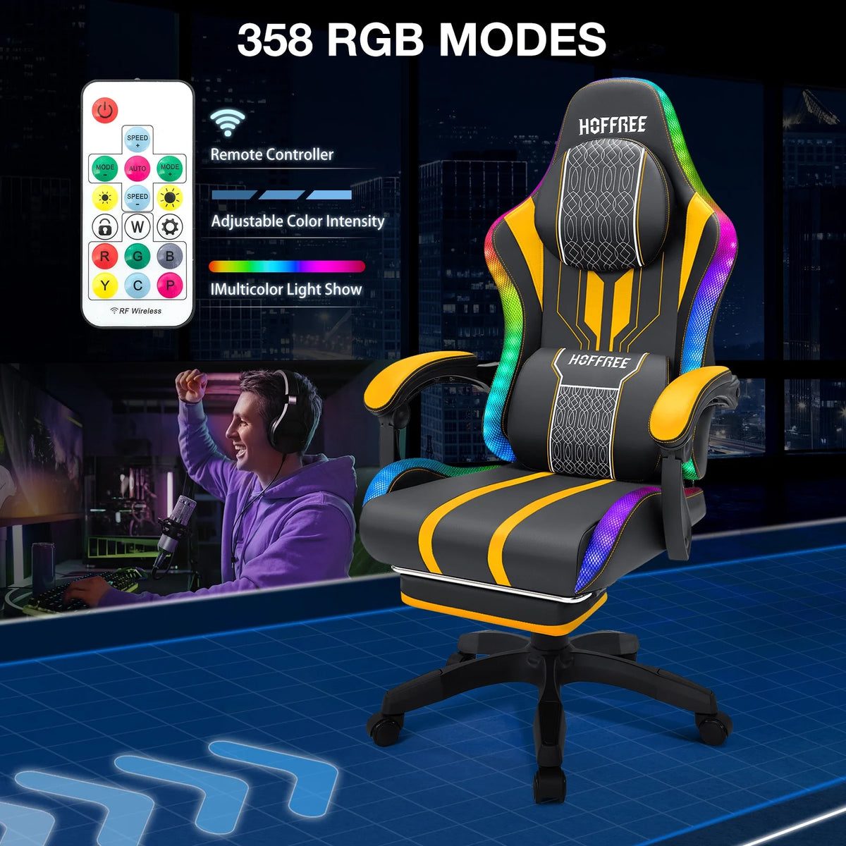 HOFFREE Big and Tall Gaming Chair with Speakers and RGB Lights, Gamer Chair with Footrest, Lumbar Support Height Adjustable 360-Swivel Seat and Headrest for Adults, 400lbs