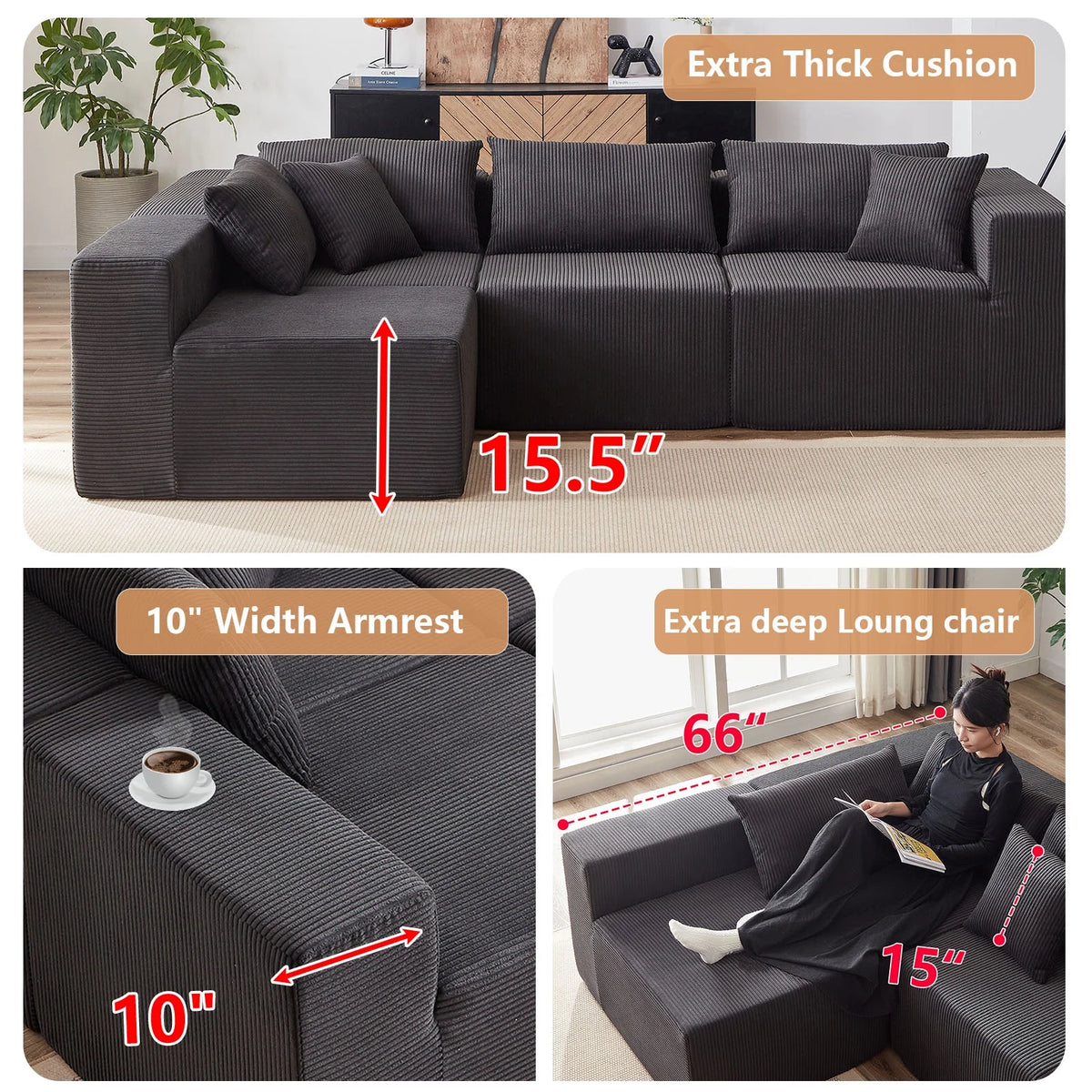 104-Inch Corduroy Modular L Shaped Sectional Sofa,Luxury Floor Couch Set,Upholstered Indoor Furniture,Foam-Filled Compressed Sofa for Living Room,Bedroom,4 PC Free Combination  ?