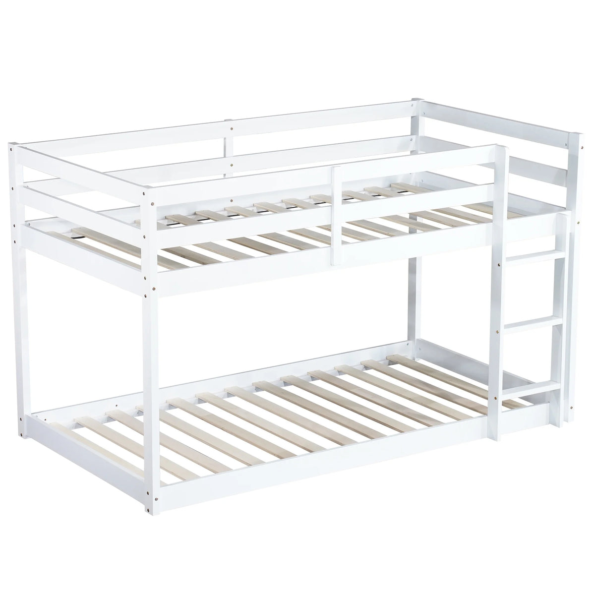 Twin Over Twin Floor Bunk Bed, UHOMEPRO Solid Wood Low Bunk Bed with Safety Rail, Ladder, Heavy Duty Bunk Beds, Space-Saving Bedroom Dorm Furniture, Gray
