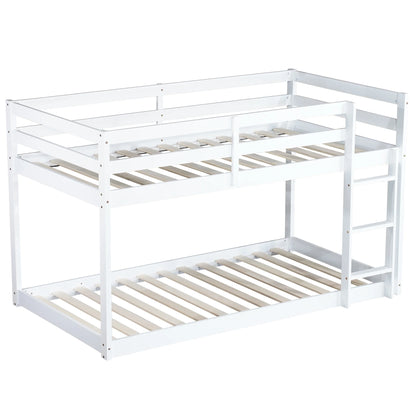 Twin Over Twin Floor Bunk Bed, UHOMEPRO Solid Wood Low Bunk Bed with Safety Rail, Ladder, Heavy Duty Bunk Beds, Space-Saving Bedroom Dorm Furniture, Gray