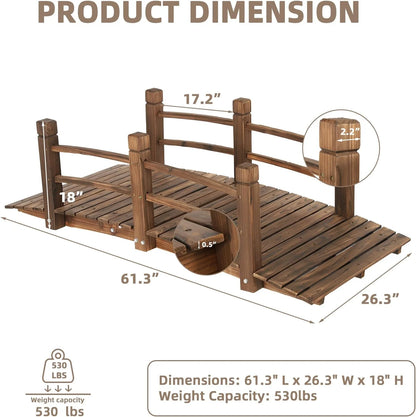 Wooden Garden Bridge Classic Wood Arch Stained Finish Footbridge with Safety Railings, 530 lbs Capacity, Decorative Pond Bridge Landscaping for Outdoor Garden Backyard Creek Farm, Carbonized