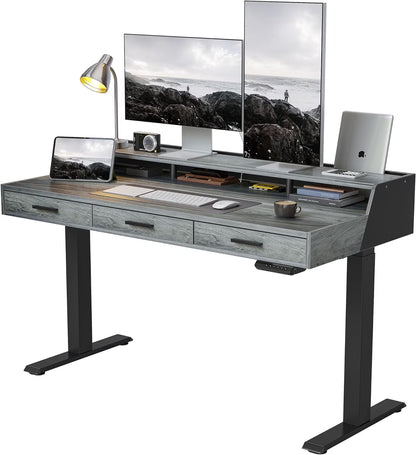 FEZIBO Electric Standing Desk with 3 Drawers & Monitor Shelves, 48 x 26 inches Sit Stand Home Office Desk, Rustic Brown