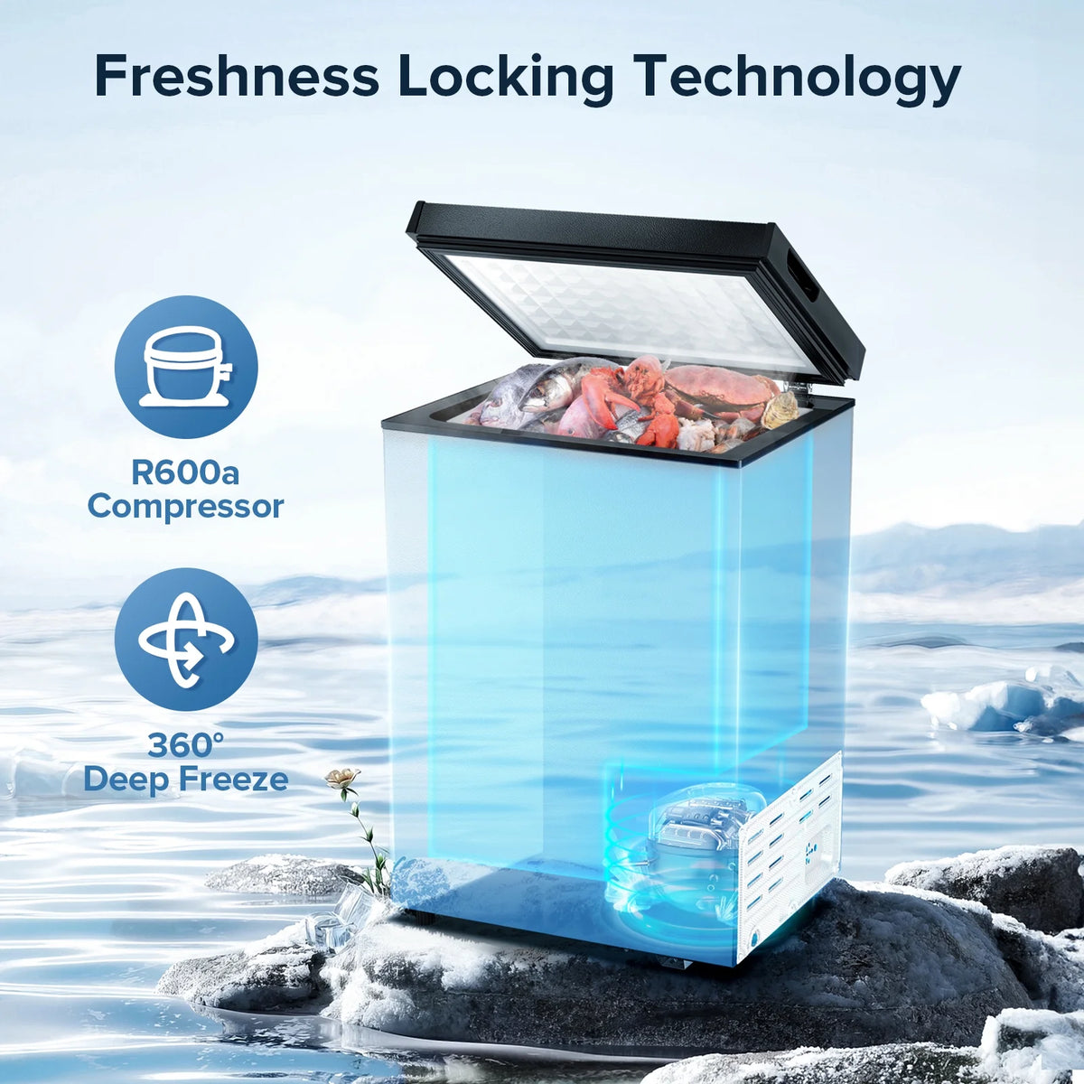 Auseo Mini Freezer Chest 3.5 cu ft,  Black Deep Freezer & Side Handle, Compact Freezer with 7 Gear Adjustable Temperature, Removable Storage Basket*2, Energy Saving