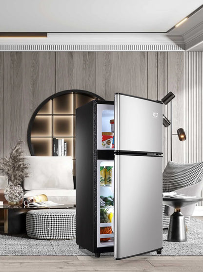 Krib B Compact Refrigerator 3.5 Cu.ft, Mini Fridge with Freezer, Modern Fridge with Dual Door, 7 Grade Temperature Adjustment, Silver