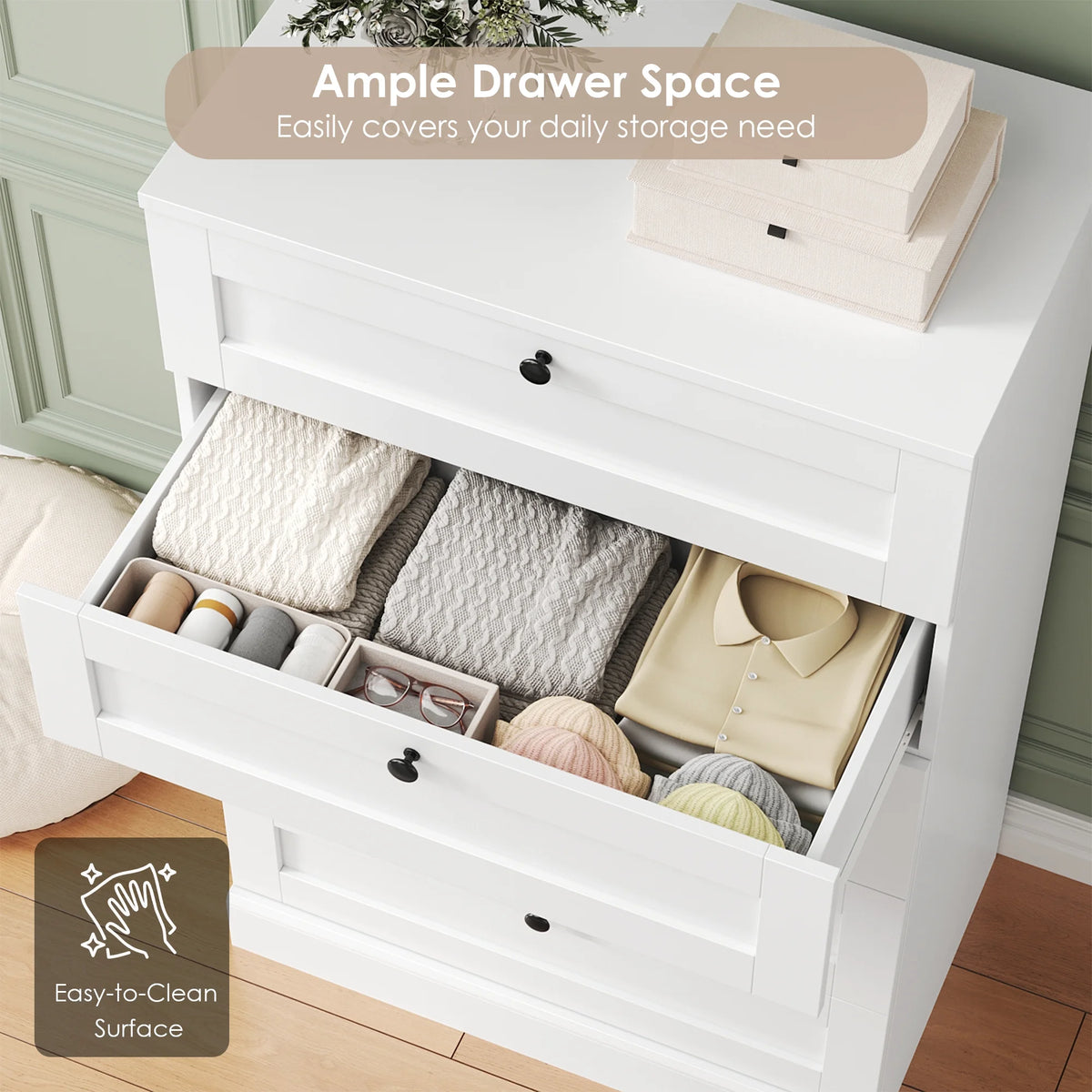 Homfa 5 Drawer White Bedroom Dresser, Modern Vertical Dresser Drawers Wood Organizer for Living Room Entryway Small Spaces