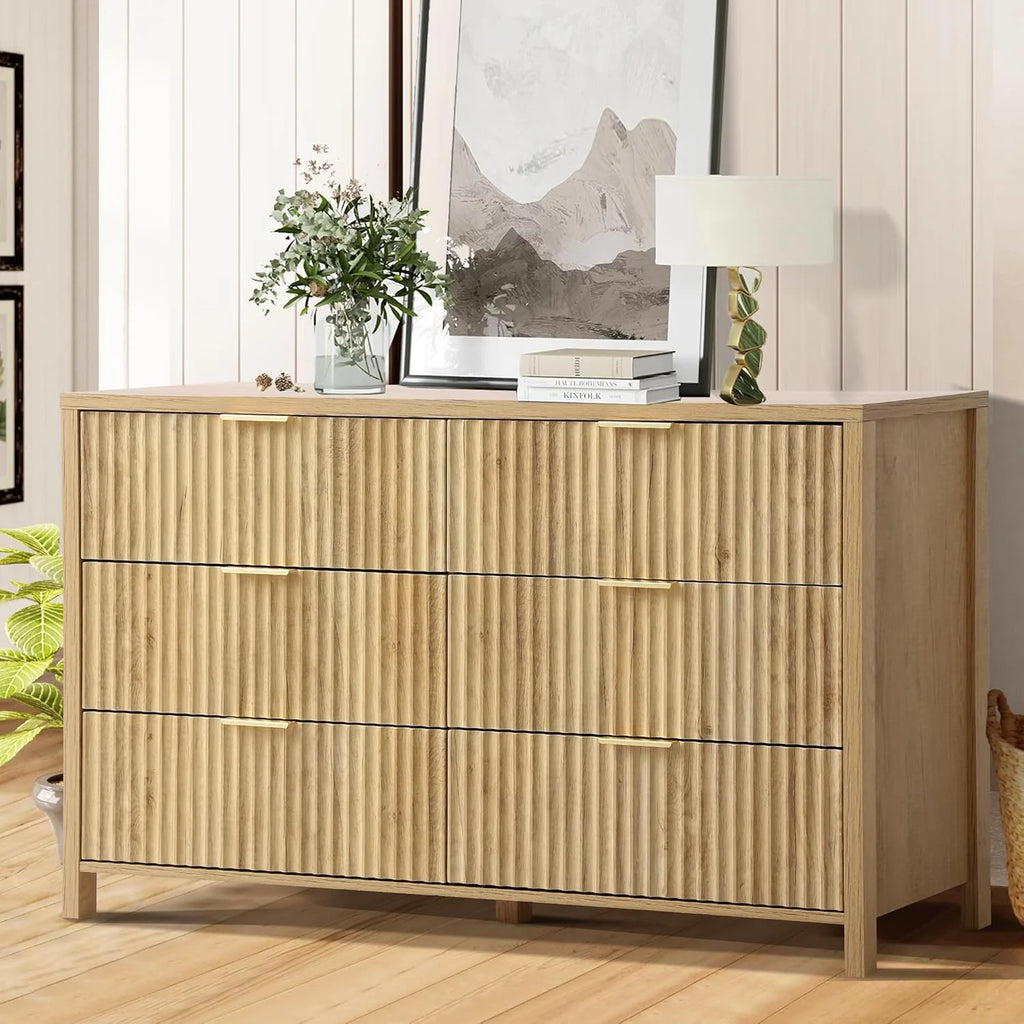 Magic Union Fluted 6 Drawers Dresser for Bedroom, 54" Wide Chest of Drawers with Thick Plank Styling, Wooden Storage Drawer Organizer for Bedroom, Living Room,Hallway, Entryway, Brown
