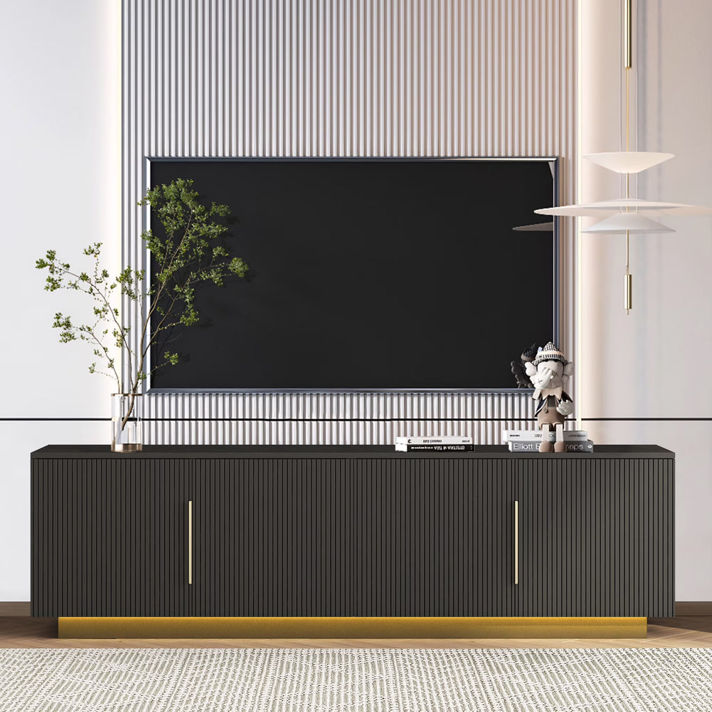 HIUU Fluted TV Stand Black,Black TV Console for Living Room,Mid Century Modern Entertainment Center 65 Inch TVs,Luxury Retro Console Table