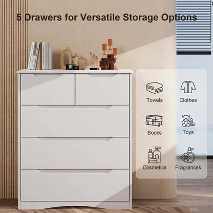 Aiho 5 Drawer Dresser for Bedroom, Office, Living Room - White