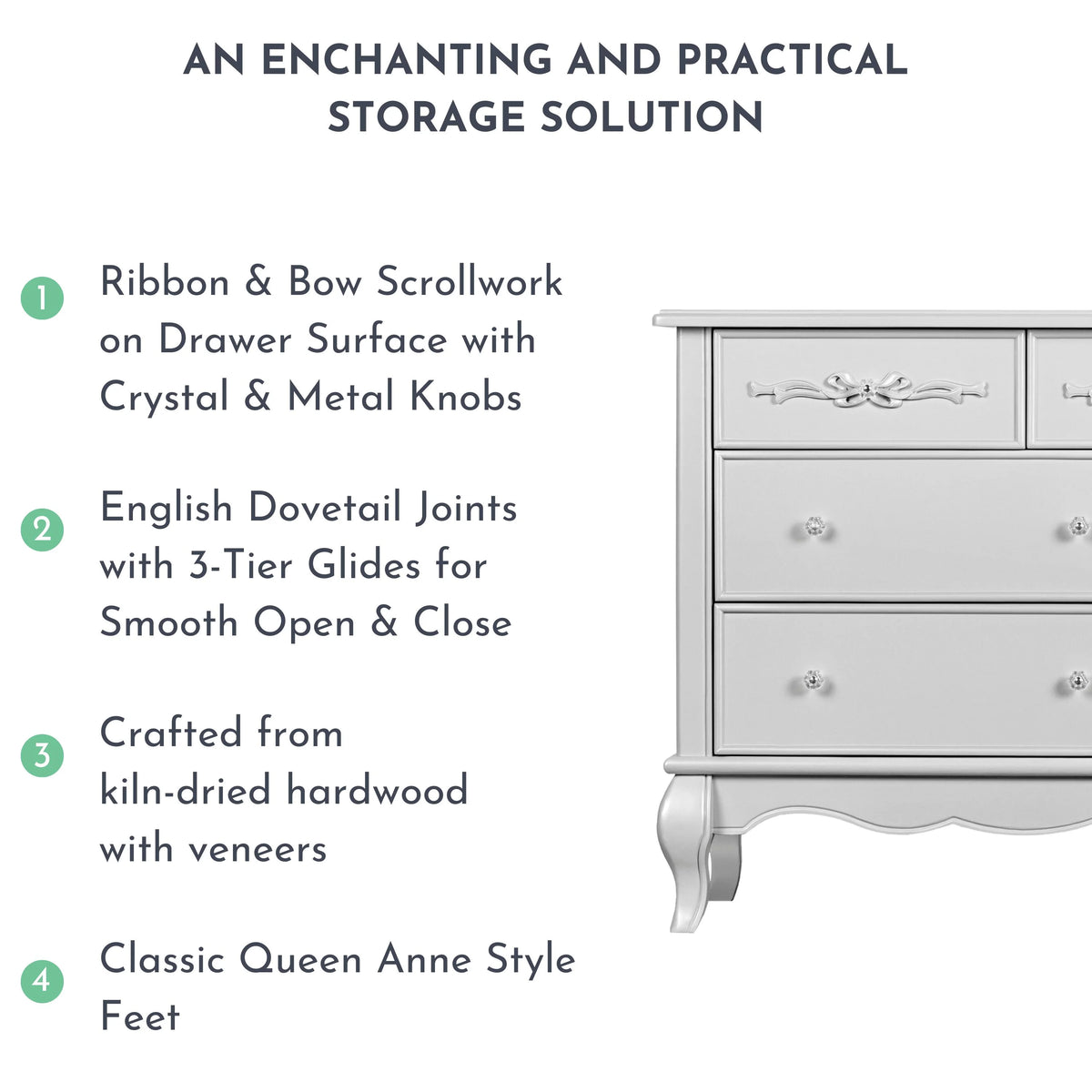 Evolur Aurora 7-Drawer Double Dresser in Ivory Lace, Spacious Drawers