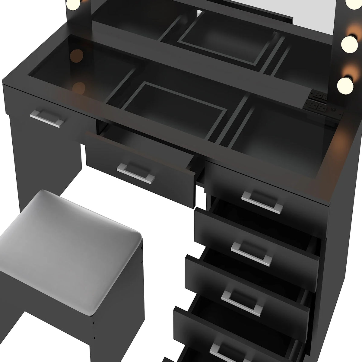 Ktaxon Large Makeup Vanity, Vanity Table Set w/ Visible Glass Top w/ Charging Station, White