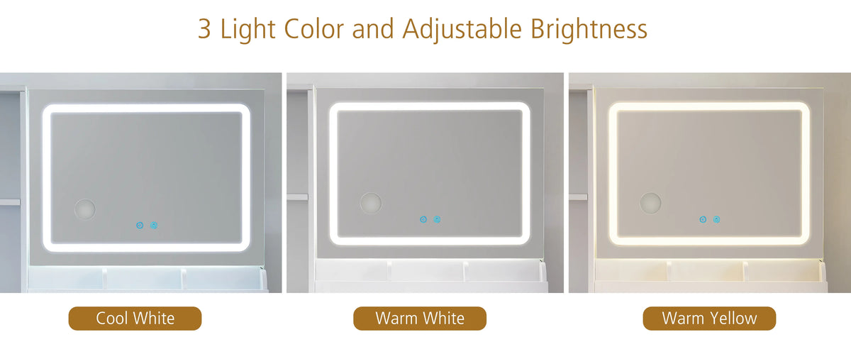 Mainstays Get Ready with Me GRWM Deluxe 2-Piece Vanity and Stool with Lighted Mirror and USB Power, White Finish