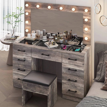 Ktaxon Large Makeup Vanity, Vanity Table Set w/ Visible Glass Top w/ Charging Station, White