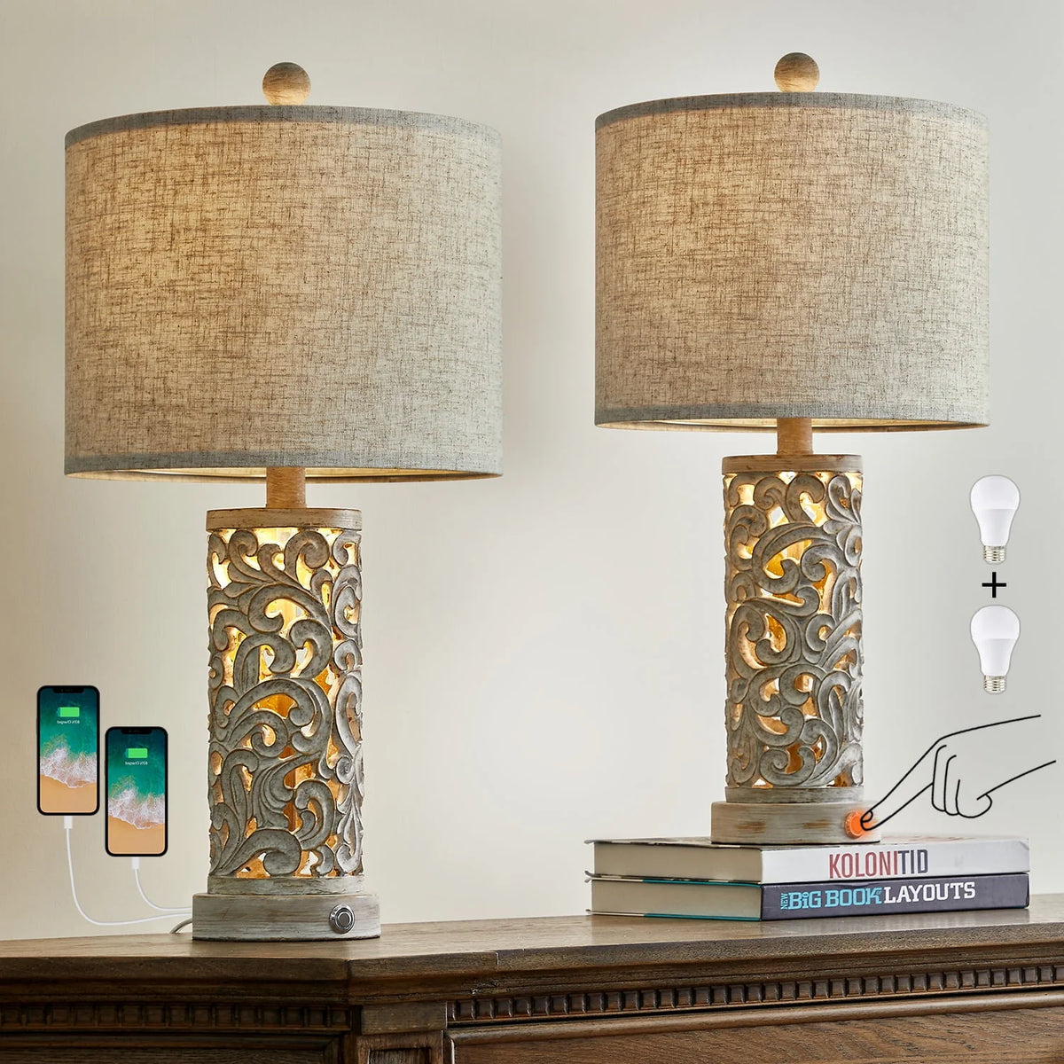 Oneach 3 Way Dimmable Touch Table Lamps for Living Room Bedroom Set of 2 Bedside Lamps with USB Ports 21" Retro Farmhouse Nightstands Lamp Resin(Bulbs)