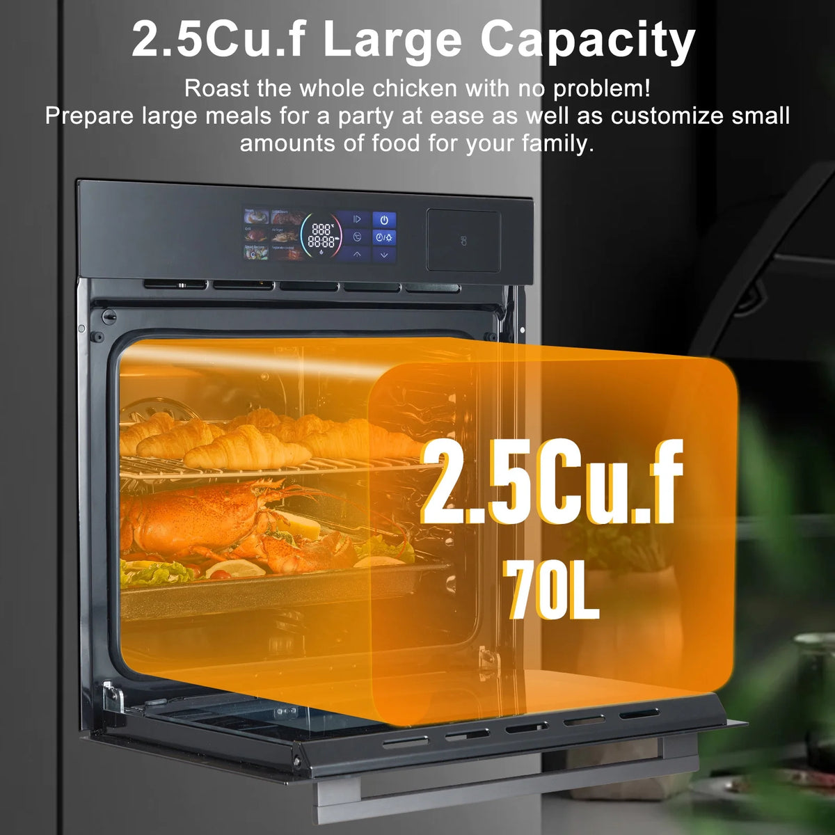 Garvee 24" Single Wall Oven with 108 Smart Menu 8 Baking Modes,3000W 2.5 CF Convection Oven with Steam & Air Fry Function,Stainless Steel,Touch Control Colorful LED Screen