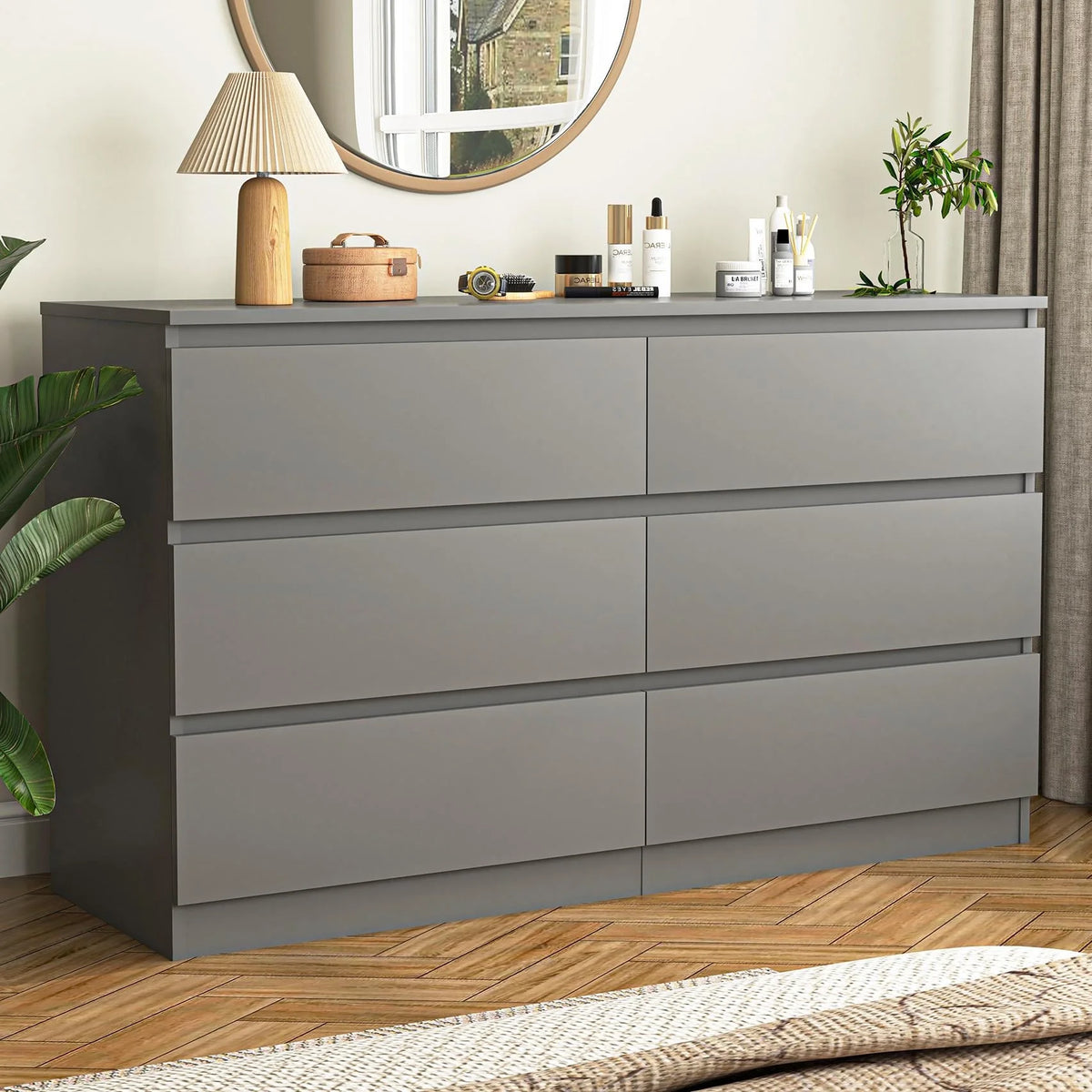 Resenkos Modern Mid Century 6 Drawer Wide Dressers Chests for Bedroom, Chest of Drawer Organizer Grey