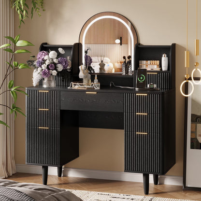 UGTOO 45.2" Modern Vanity Desk with LED Mirror & USB Charging, Wood Makeup Dressing Table with 7 Drawers for Bedroom