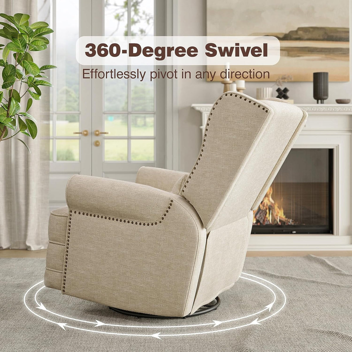 Royalcraft Swivel Nursery Glider Recliner, Comfy Upholstered Glider Chair with Lumbar Pillow and Footrest, Beige