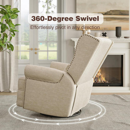Royalcraft Swivel Nursery Glider Recliner, Comfy Upholstered Glider Chair with Lumbar Pillow and Footrest, Beige