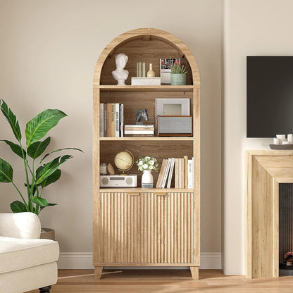 Bookshelf Arched Cabinet,5-Tier Arched Bookcase with Doors and Adjustable Shelves,Wooden Storage Cabinet with Open Display Shelf for Office,Living Room��Light Oak