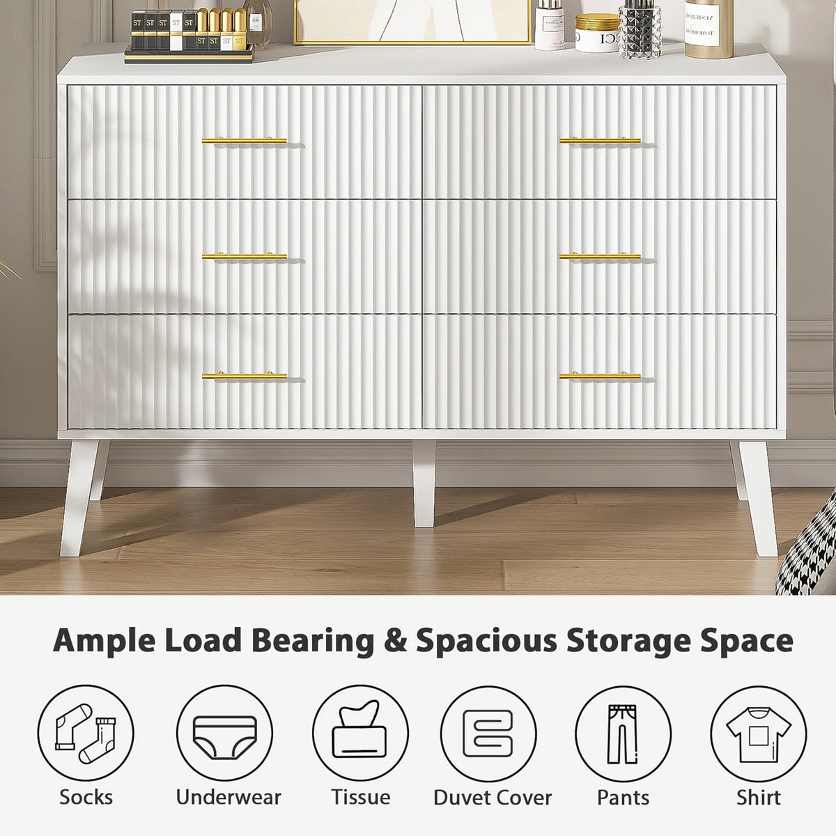 Fluted 6 Drawers Dresser, Wide Modern Chest of Drawers, 6 Drawer Double Dresser