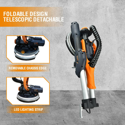 POVANLI 780W Electric Drywall Sander with Vacuum Dust Collection, 6.5A Motor Dustless Floor Sander with Variable Speed 900-1800RPM, LED Light, Extendable & Foldable Handle Yellow+Black