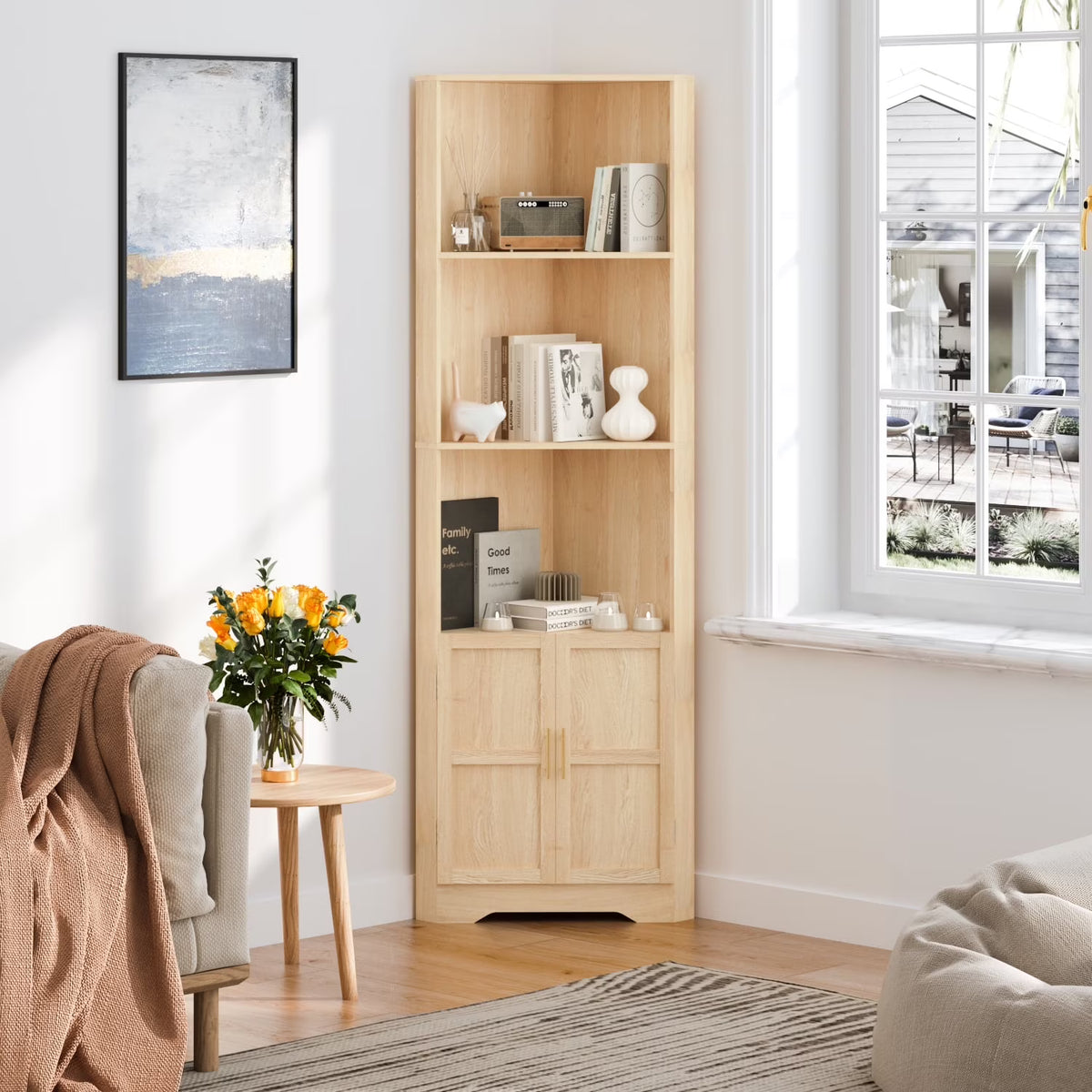 67'' Tall Corner Storage Cabinet with 2 Barn Doors for Living Room, Kitchen, Bathroom, Laundry Room, White