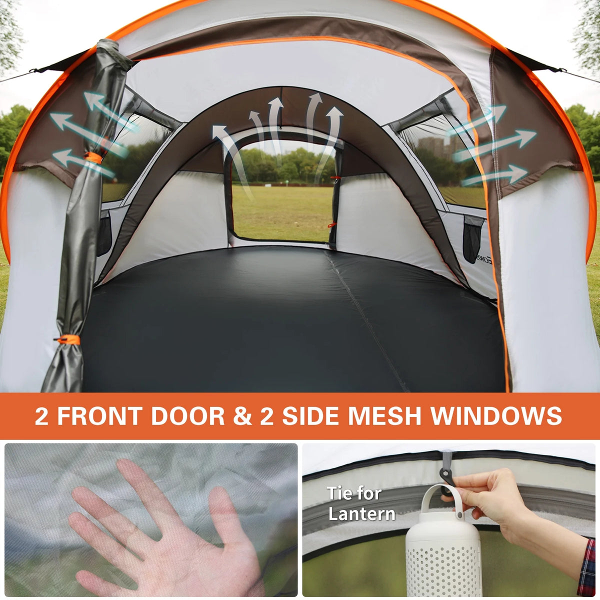 6 Person Instant Cabin Tent | Portable Large Pop Up Tent with Easy 10 Second Camp Setup for Family Camping | Included Hanging Organizer White + Orange Pop-Up Boat Tent for Outdoor Camping Accessories