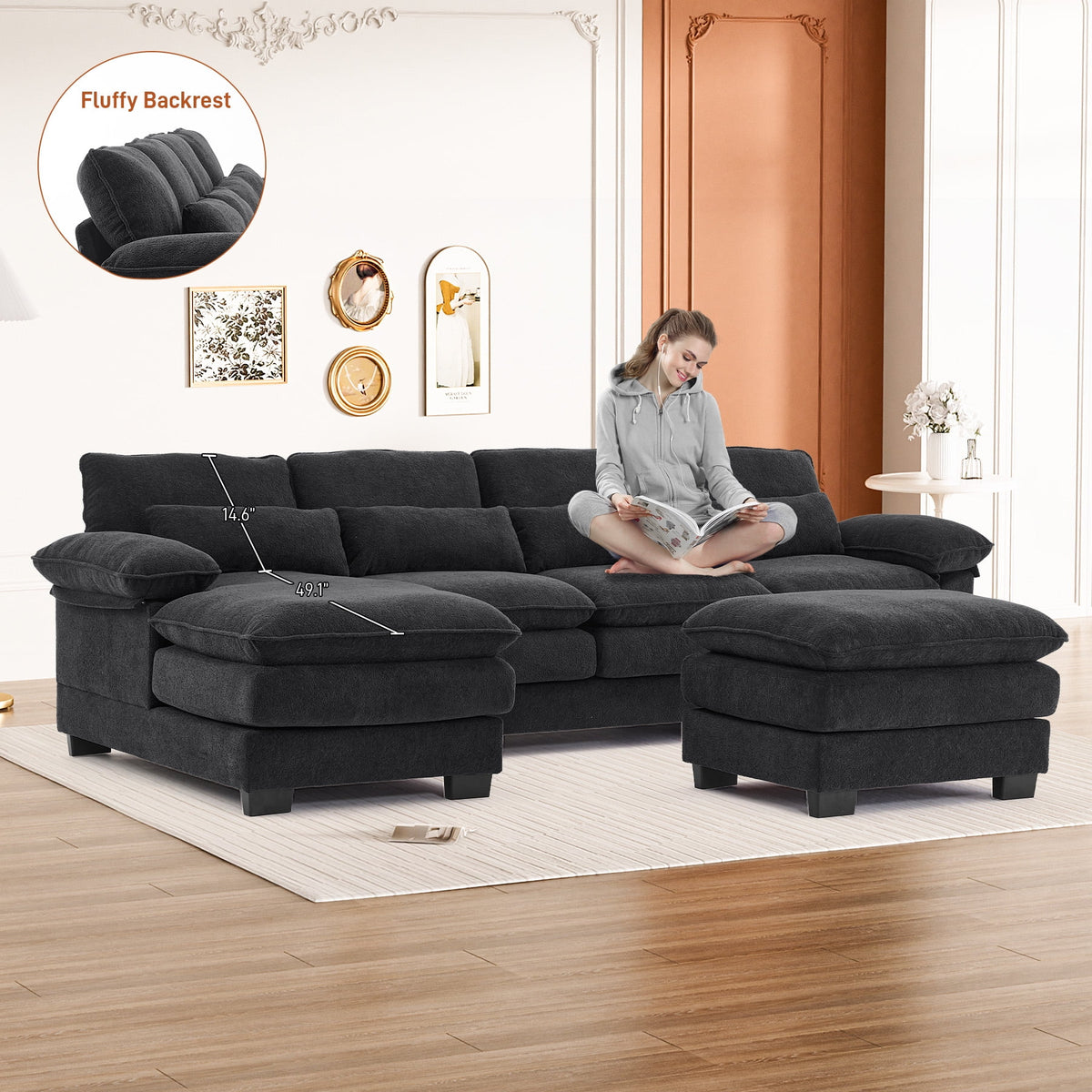 Rophefx 114.3" U Shaped Sectional Couches for Living Room,Cloud Couch,4 Seats Chenille Couch with Double Layer Cushion,Orange