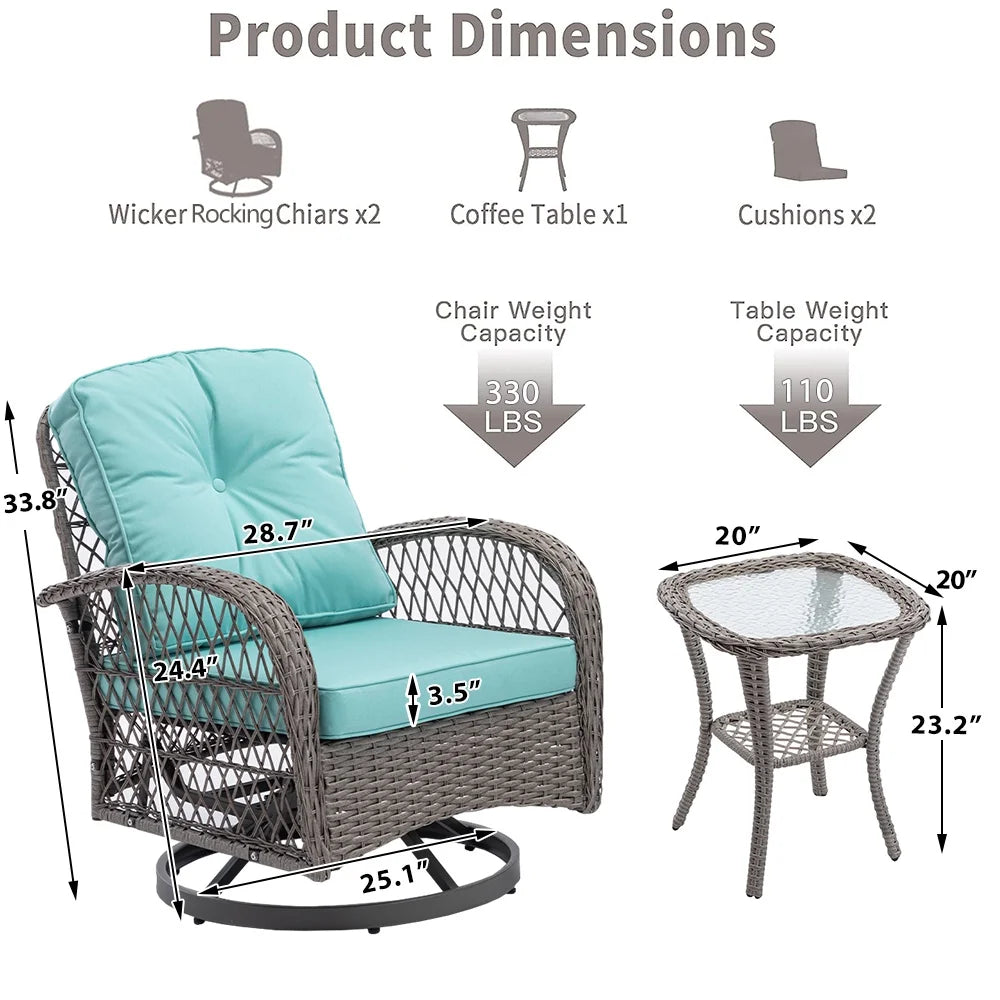 3 Piece Patio Swivel Rocker Chairs Set, 2 360-Degree Swivel Rocking Chairs with 1 Glass Top Table, PE Rattan Outdoor Bistro Set with Cushions for Balcony Deck Poolside Backyard Porch