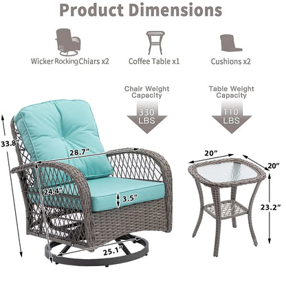 3 Piece Patio Swivel Rocker Chairs Set, 2 360-Degree Swivel Rocking Chairs with 1 Glass Top Table, PE Rattan Outdoor Bistro Set with Cushions for Balcony Deck Poolside Backyard Porch