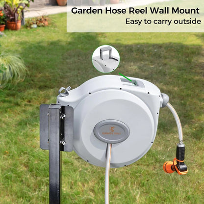 Giraffe Tools Retractable Garden Hose Reel with 1/2in-100ft Water Hose, Plastic Bracket, Wall Mounted, Dark Grey