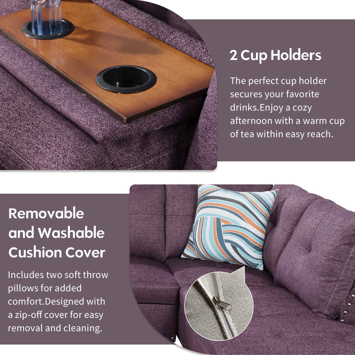 Aukfa 3 Piece Sectional Sofa, Living Room Couch with Storage Ottoman&Cup Holder, Linen, Right Hand, Purple