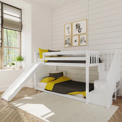 Max & Lily Wood Twin over Twin Bunk Bed for Kids with Wooden Staircase and Slide, White