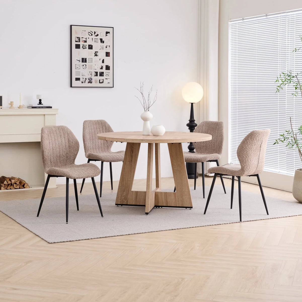5 Piece 47'' Round Dining Table Chairs Set for 4, Farmhouse Gray Kitchen Table with 4 Boucle Mid Century Modern Dinning Room Chairs, Wood Dinner Table &Upholstered Chair Set of 4, Beige