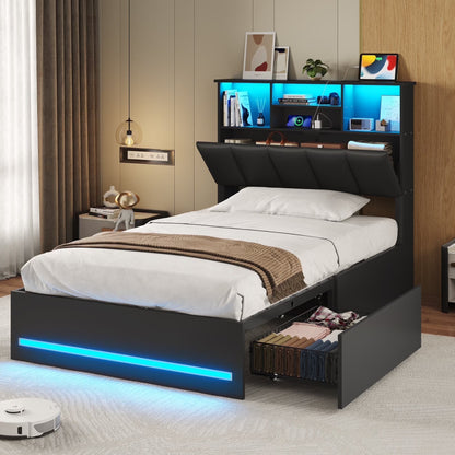 AOGLLATI Upholstered Platform Twin Bed with 4 Storage Drawers & Charging Station & LED Lights, Black