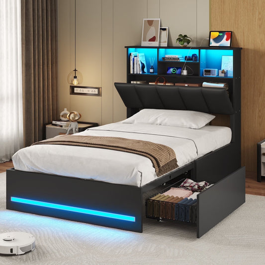 AOGLLATI Upholstered Platform Twin Bed with 4 Storage Drawers & Charging Station & LED Lights, Black