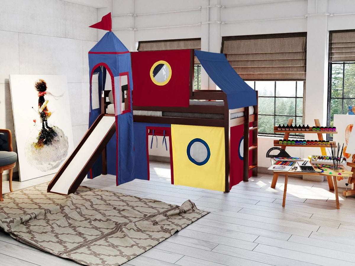 JACKPOT! Castle Low Loft Bed with Slide, Red Yellow and Blue Tent and Tower, Twin, Cherry