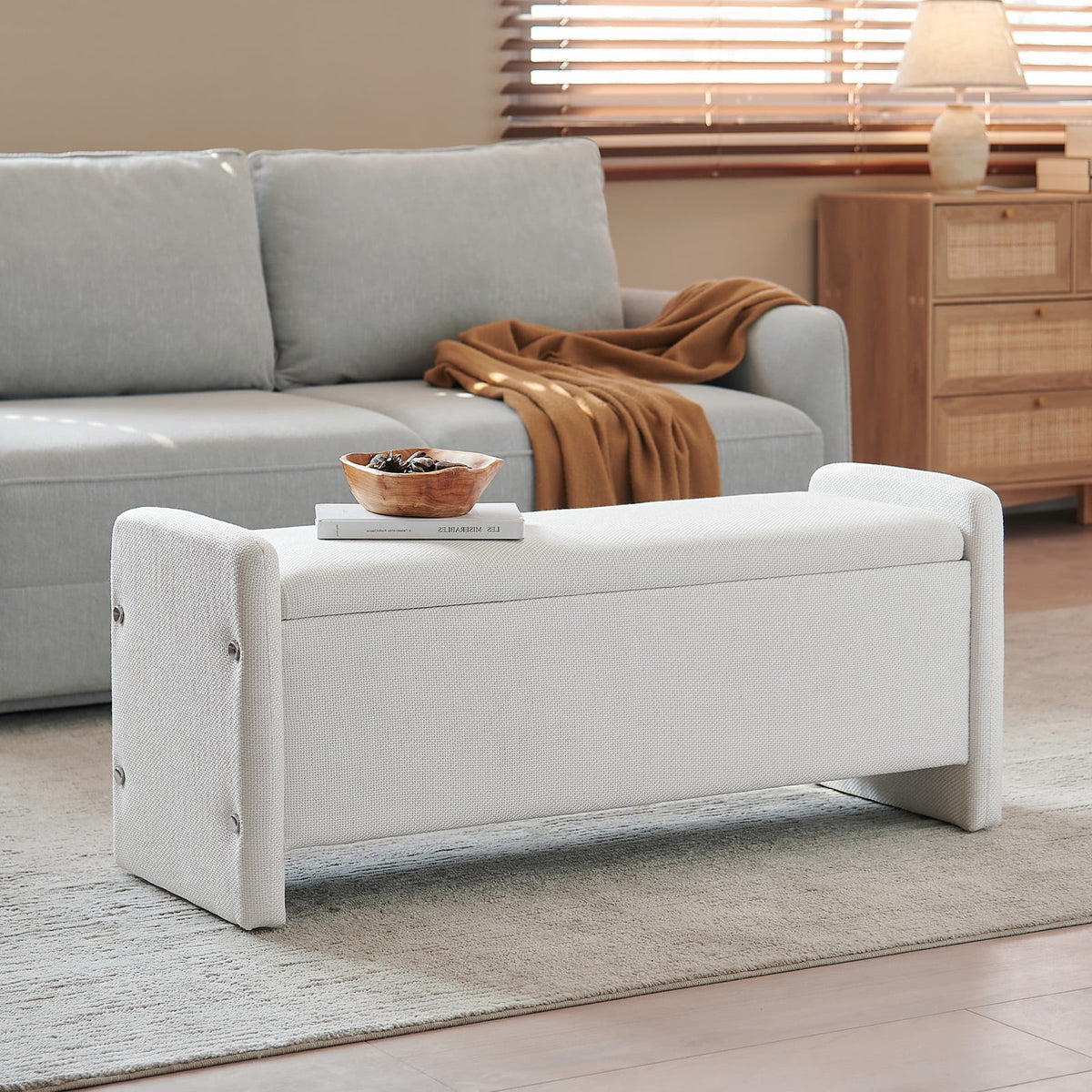 Pinmoco 44" Storage Ottoman Bench, Upholstered Entryway Bench with Storage End of Bed Bench for Bedroom& Living Room, Corduroy Gray