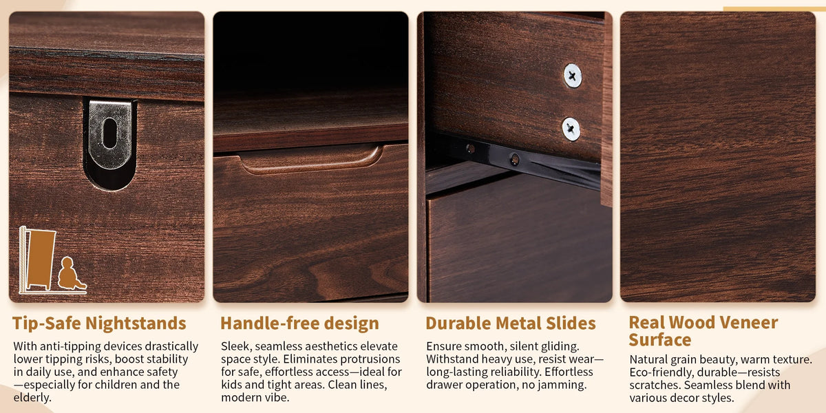 UBesGoo Nightstand 2 Drawer Dresser Side Table, Soild wood & MDF with Solid Wood Veneer, Brown