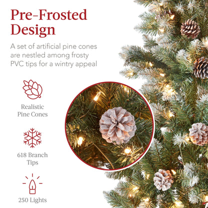 Best Choice Products 6ft Pre-Lit Partially Flocked Pencil Christmas Tree w/ 250 Lights, Pine Cones, Foldable Stand