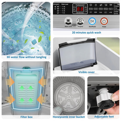 Qhomic Portable Washing Machine, 17.8lbs Large Fully-Automatic Laundry Washer, 10 Washing Programs & 8 Water Levels Selections Machine Ideal for Apartments Dorms Families