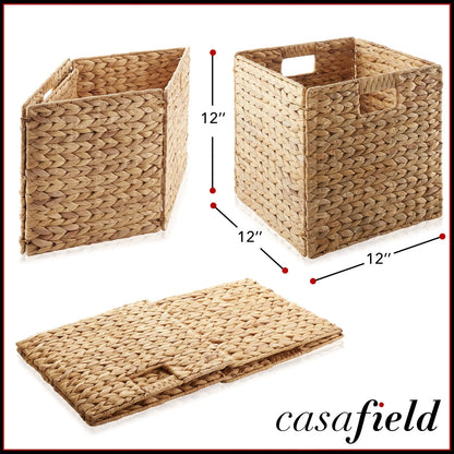 Set of 4 Hyacinth Storage Cubes, 12x12 Wicker Basket Bins for Shelves, Natural