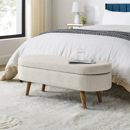 43.5" Oval Storage Ottoman Bench with Solid Wood Legs, Linen Fabric Upholstered Entryway Bench with Safety Hinge, Indoor Bench for End of Bed, Sofa Side, Entryway