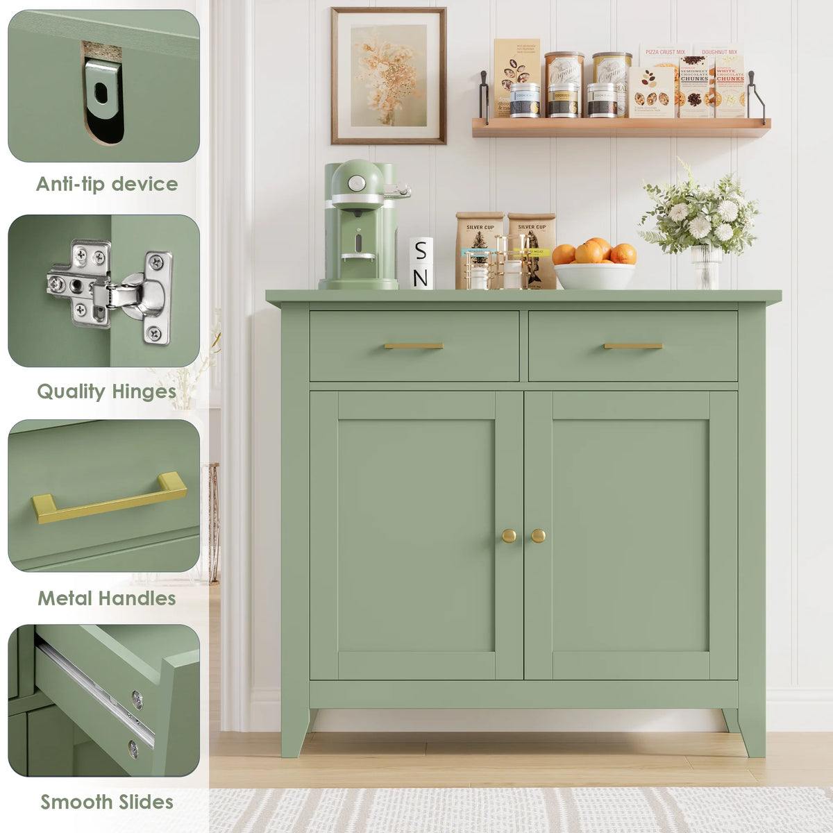Homfa Entryway Cabinet, Kitchen Storage Cabinet, Farmhouse Buffet Sideboard with 2 Drawers and 2 Doors,Coffee Bar with Storage for Dining Room Living Room,White