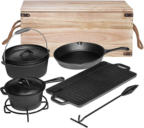 Bruntmor Camping Cooking Set Of 7 - Pre Seasoned Cast Iron Pots, Pans, and Dutch Ovens with Lids for Outdoor Campfire Cooking - Skillet Grill Cookware Set with Storage Box