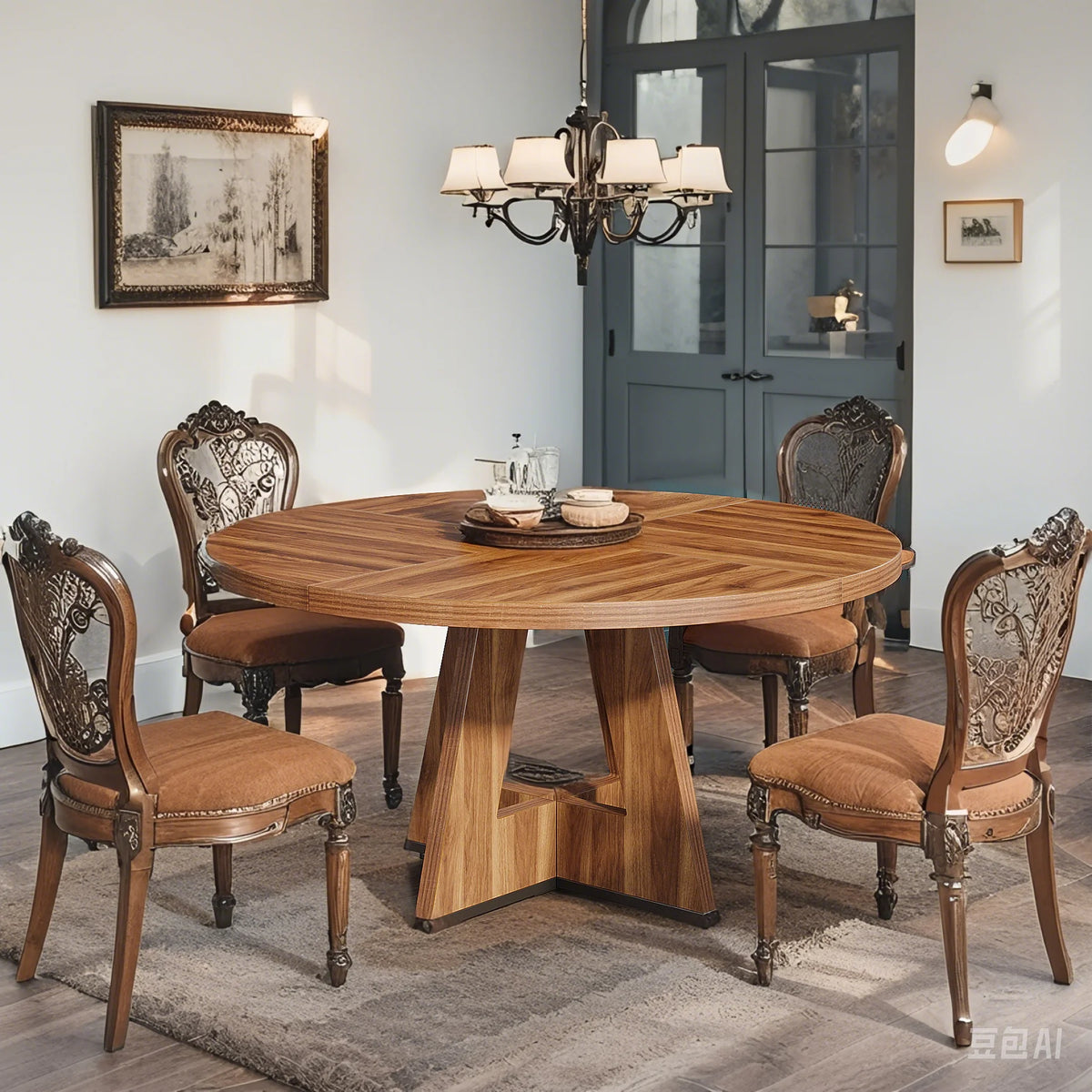 MAYEERTY Round Dining Table for 4, 47" Wood Kitchen Table Farmhouse Dinner Table