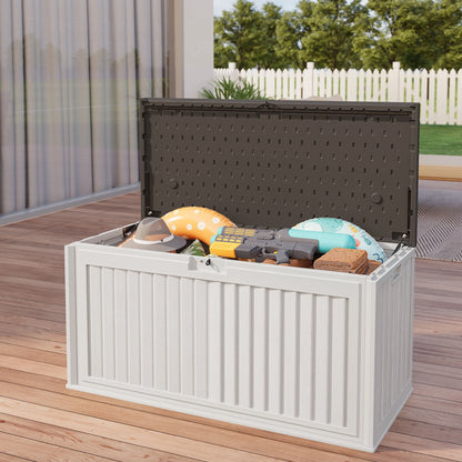100 Gallon Resin Deck Box, Asofer Lockable Patio Outdoor Storage Box, Garden Tools Storage, Beige/Brown