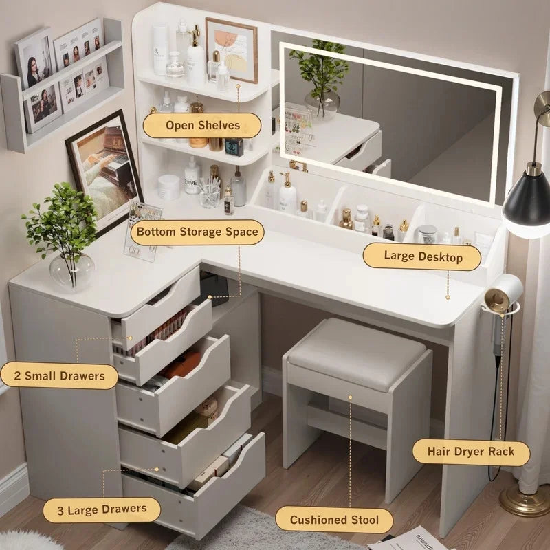 Furmax L Shaped Vanity Desk Set Corner Makeup Vanity Set with Adjustable LED Lighted Mirror & Power Outlets Dressing Table with Organizers, and Cushioned Stool, White